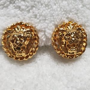 Vintage Leopard Lion Face Head Goldtone Earrings ~ Clip ~On